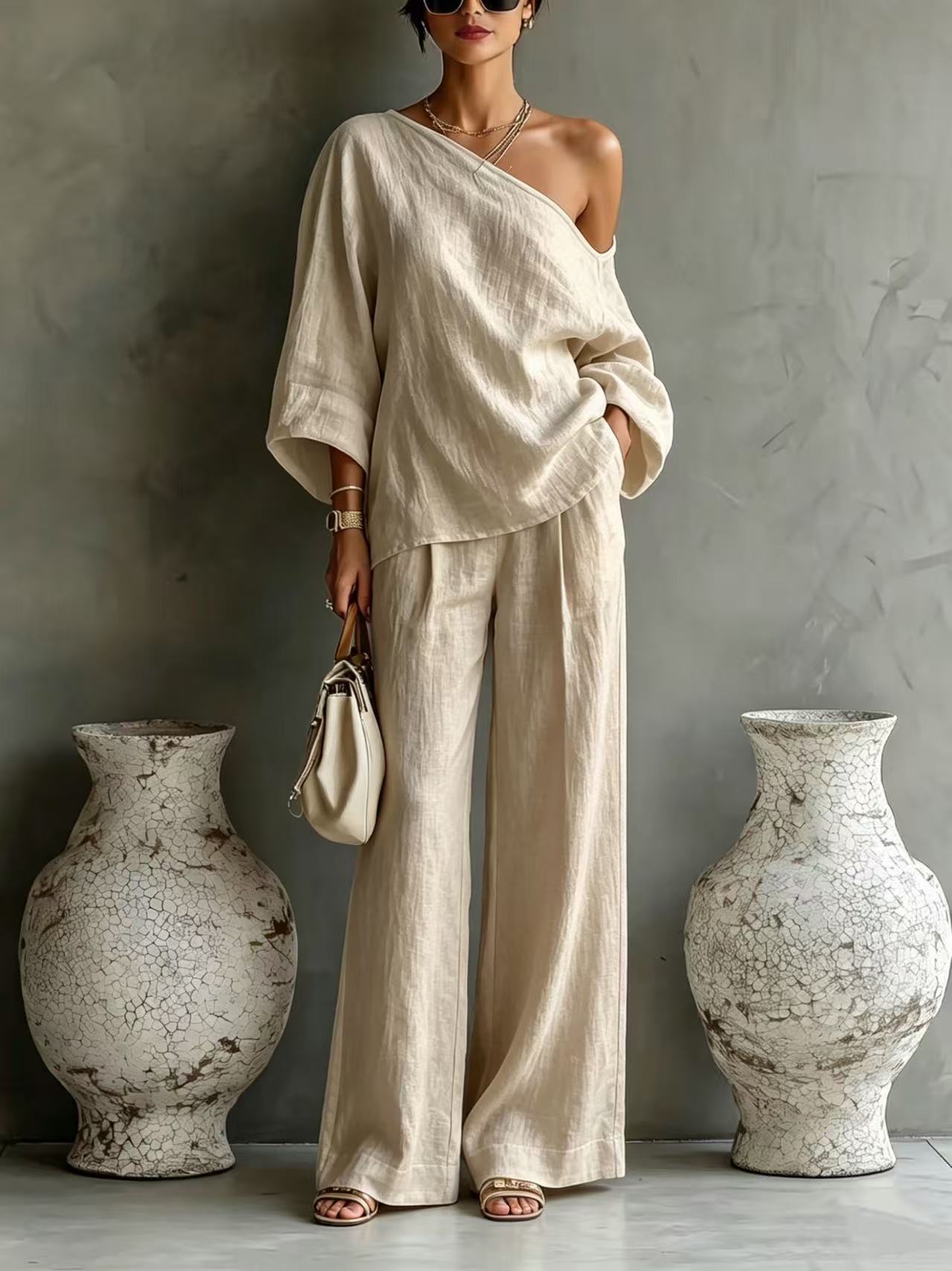 Elegant set consisting of an off-the-shoulder top and wide-leg trousers, in a casual and relaxed style.