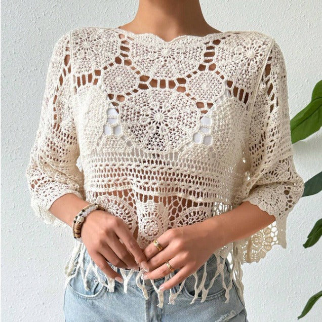 Haut en maille ajourée crochetée, couleur unie, cache-maillot de plage, blouse décontractée à pompons douce pour la peau