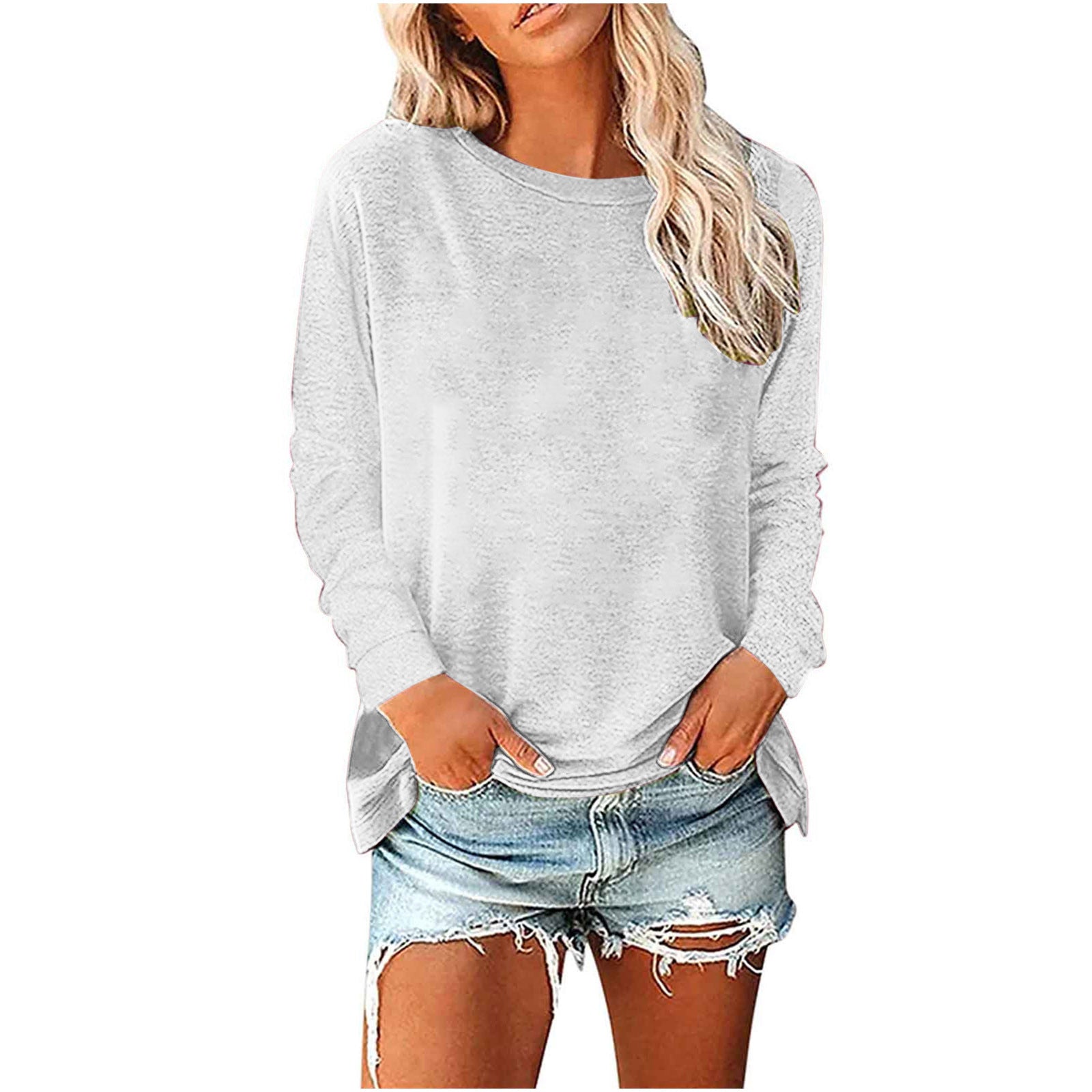 Women's Solid-Color Long-Sleeve Crew-Neck Pullover T-Shirt