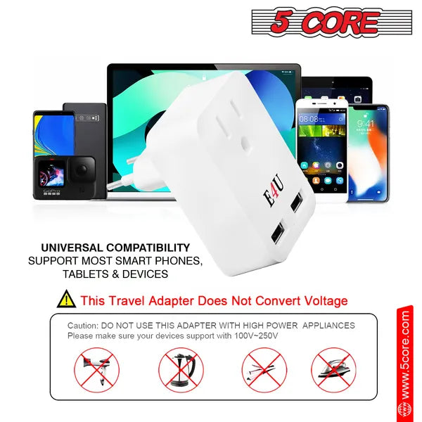 European Travel Plug Adapter with 2 USB Ports, Universal Adapter for International Power Outlets