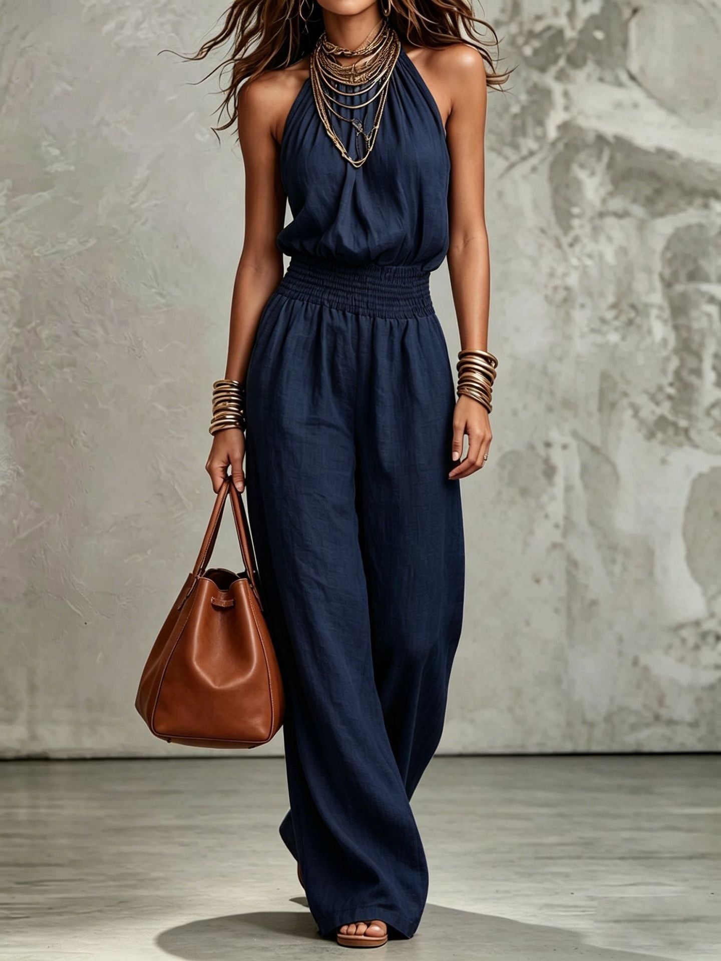 Women's sleeveless, backless, cinched-waist, lace-up, wide-leg jumpsuit