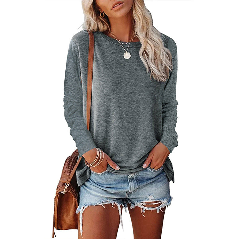Women's Solid-Color Long-Sleeve Crew-Neck Pullover T-Shirt