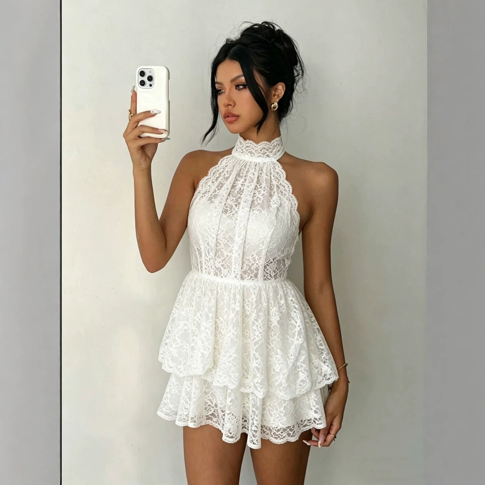 Lace backless mini dress