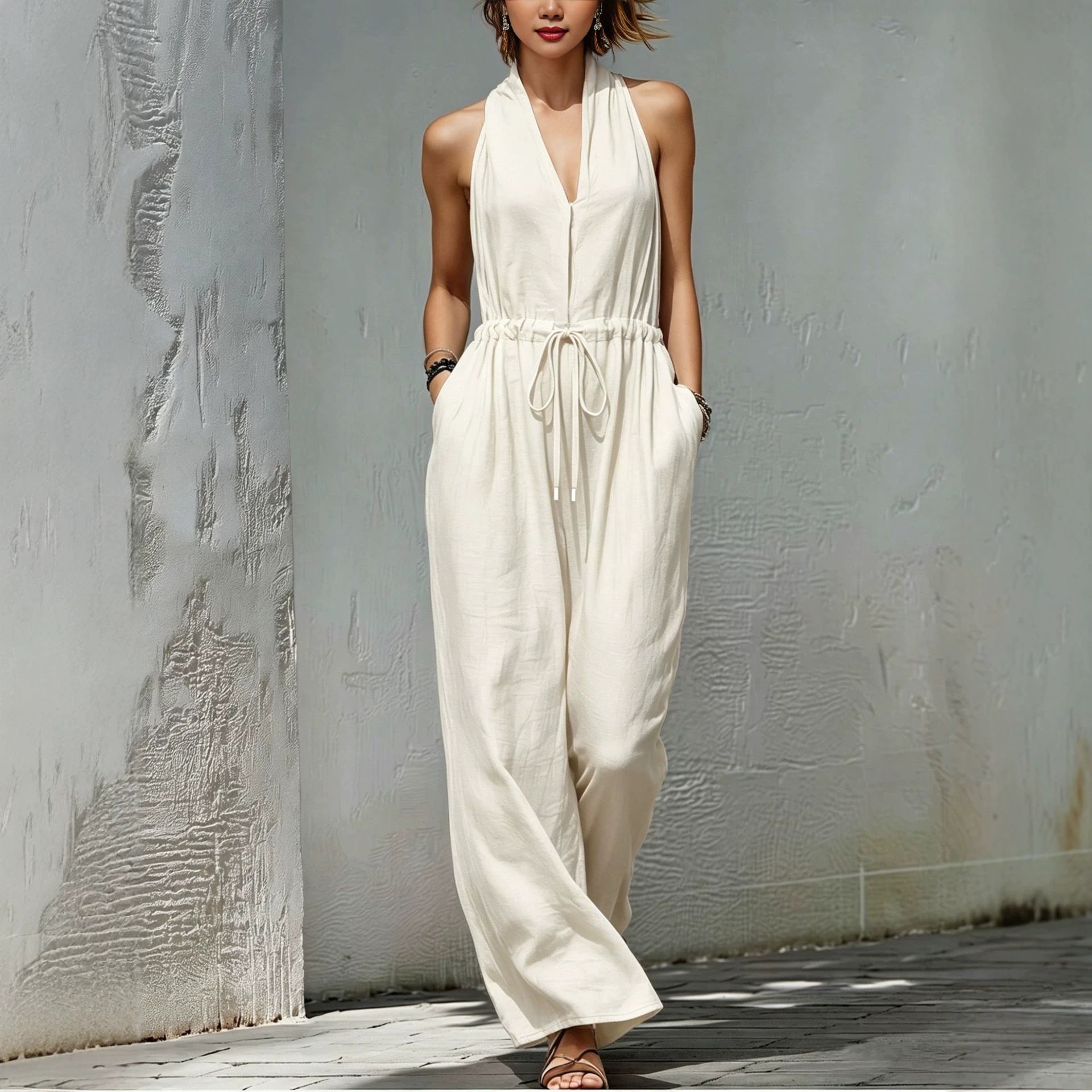 Women's Sleeveless Solid Color Long Vacation Jumpsuit