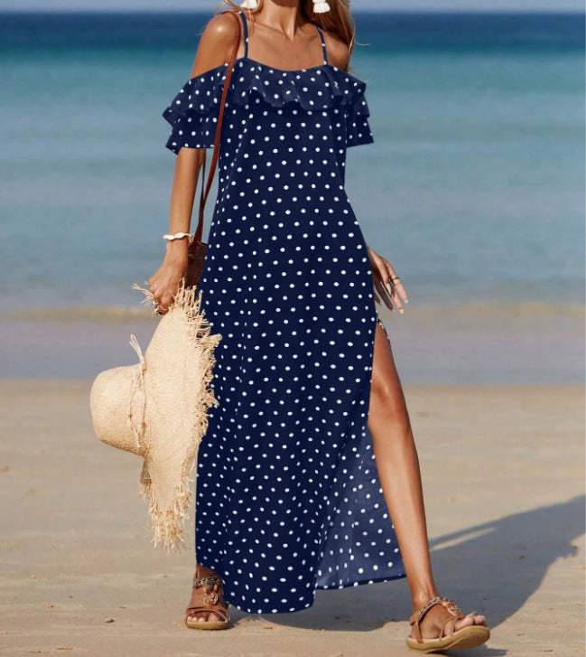 Women's French Style Polka Dot Off Shoulder Summer Dress