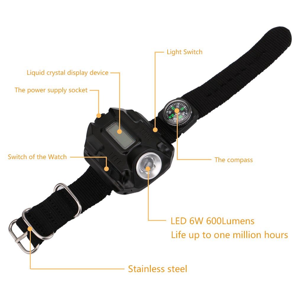 LED montre de poche lampe de poche portable USB light charge 4 mode lumière tactique lampe de poche affichage de l'heure avec boussole