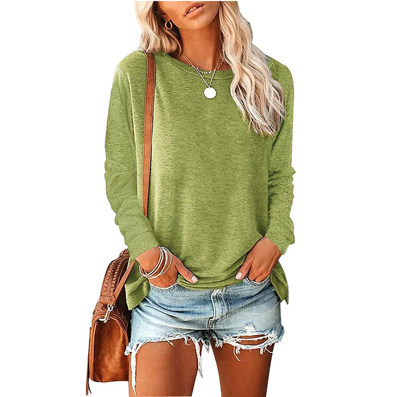 Women's Solid-Color Long-Sleeve Crew-Neck Pullover T-Shirt