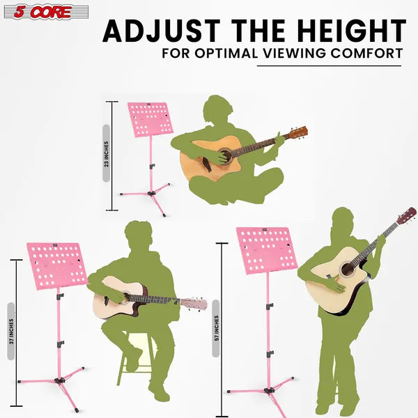 5 Core Music Stand For Sheet Music Height Adjustable Portable Folding Sheet Music Stand With Light Clip For Guitar Players Violinists Cellists Pianists - MUS FLD HD ACC PNK