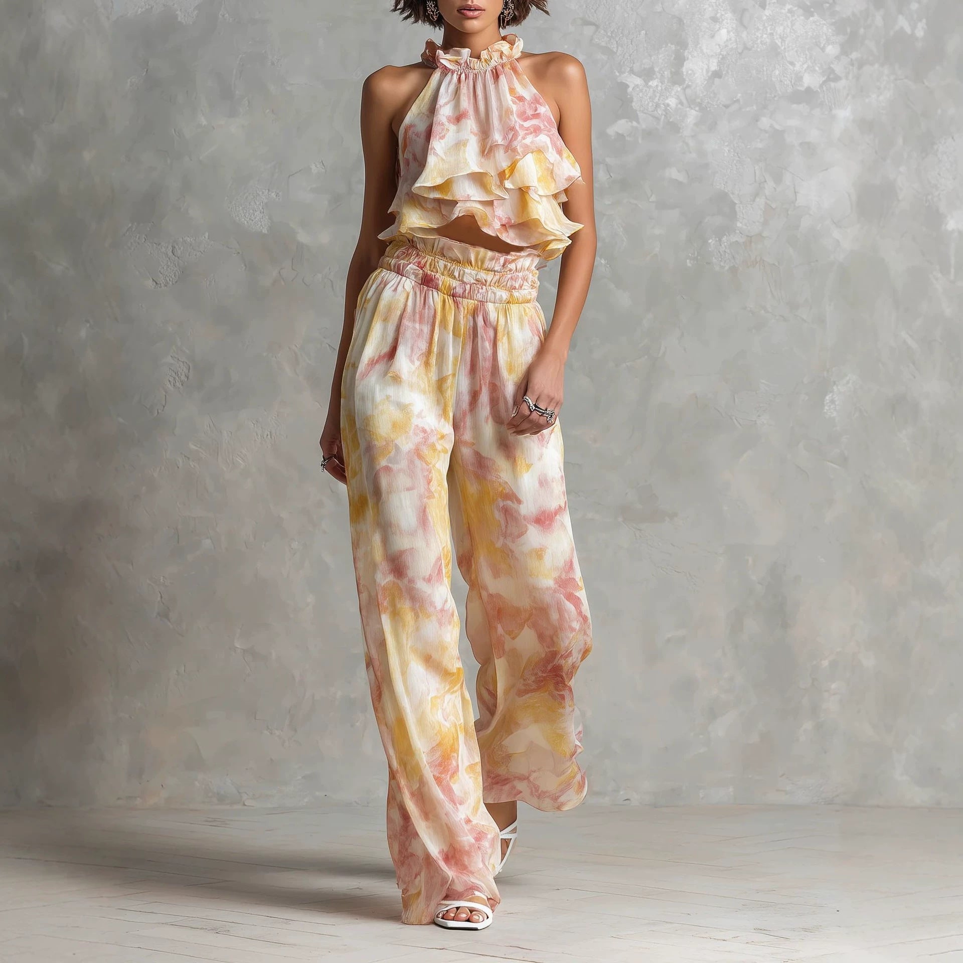 Summer set with printed deep-neck top and trousers