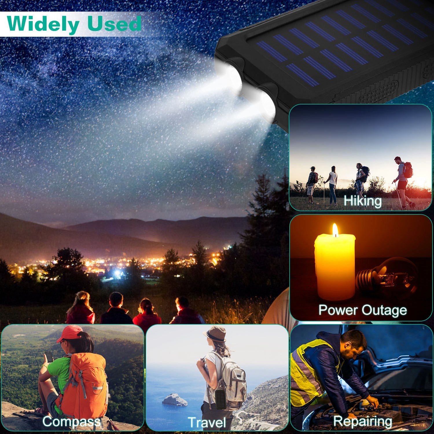 1Pc 1W mAh Solar Power Bank External Battery Pack Dual USB Interface Outdoor Charger With Battery Indicators SOS LED Lights Compass Camping Hiking
