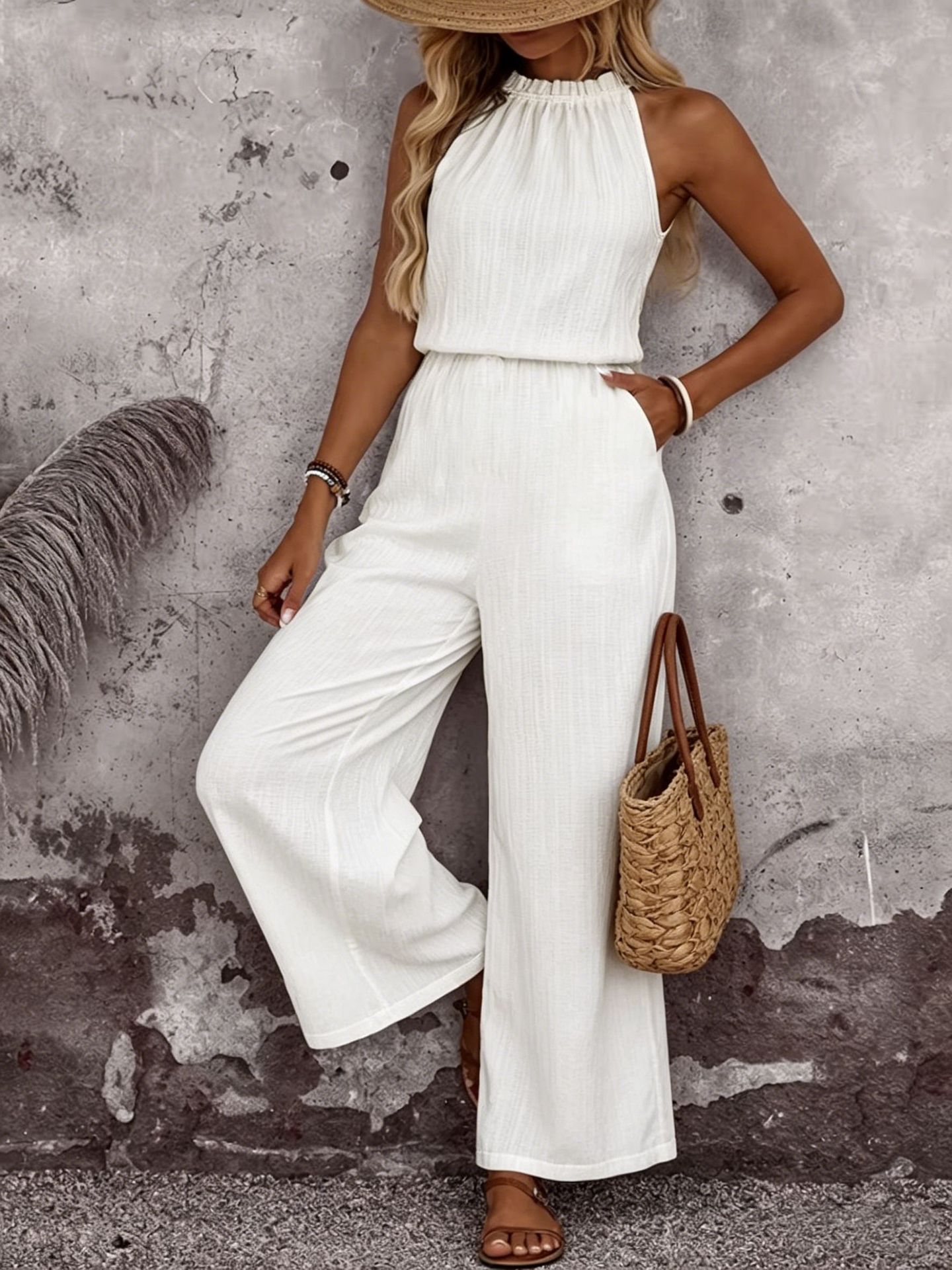 Women's Draped Collar Top and Casual Pants Set