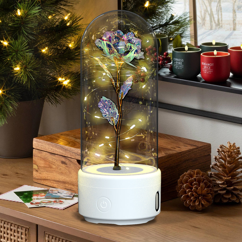 Lumière LED créative 2 en 1 fleurs roses cadeau pour la Saint-Valentin, ornement lumineux de lumière nocturne rose en couverture de verre