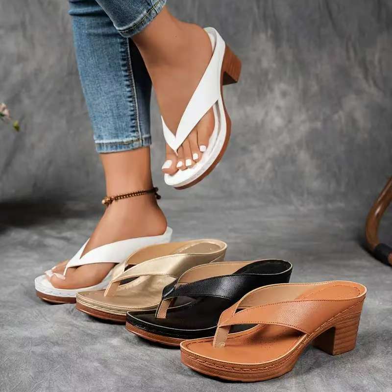 Fashionable Thong Summer Shoes Solid Color Square Heel Wedges Sandals for Women