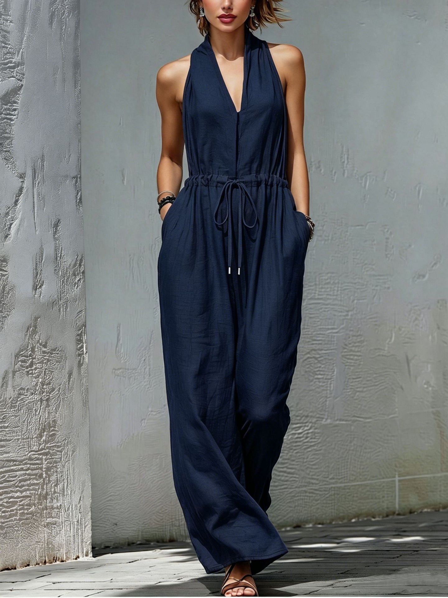 Women's Sleeveless Solid Color Long Vacation Jumpsuit