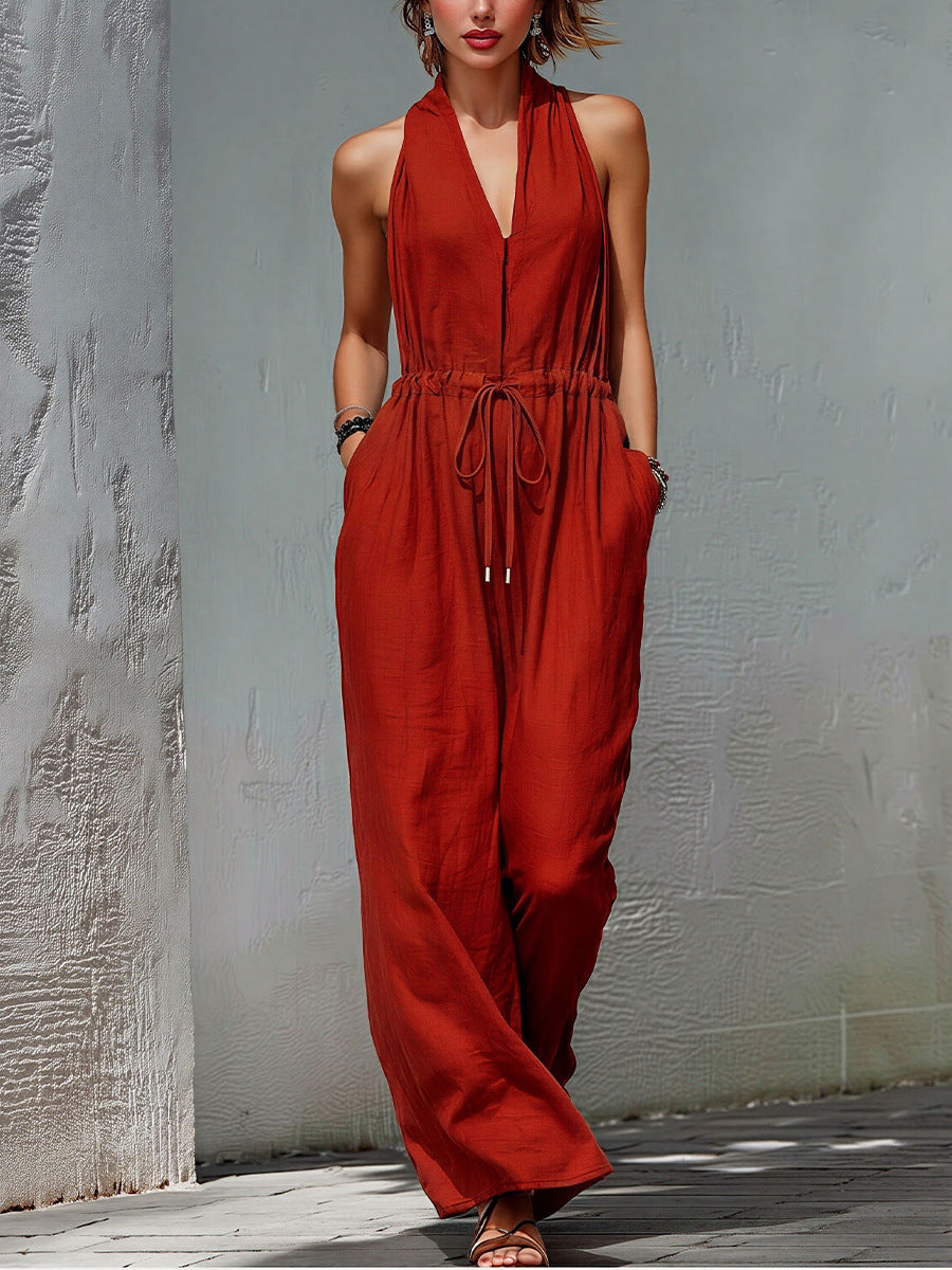 Women's Sleeveless Solid Color Long Vacation Jumpsuit