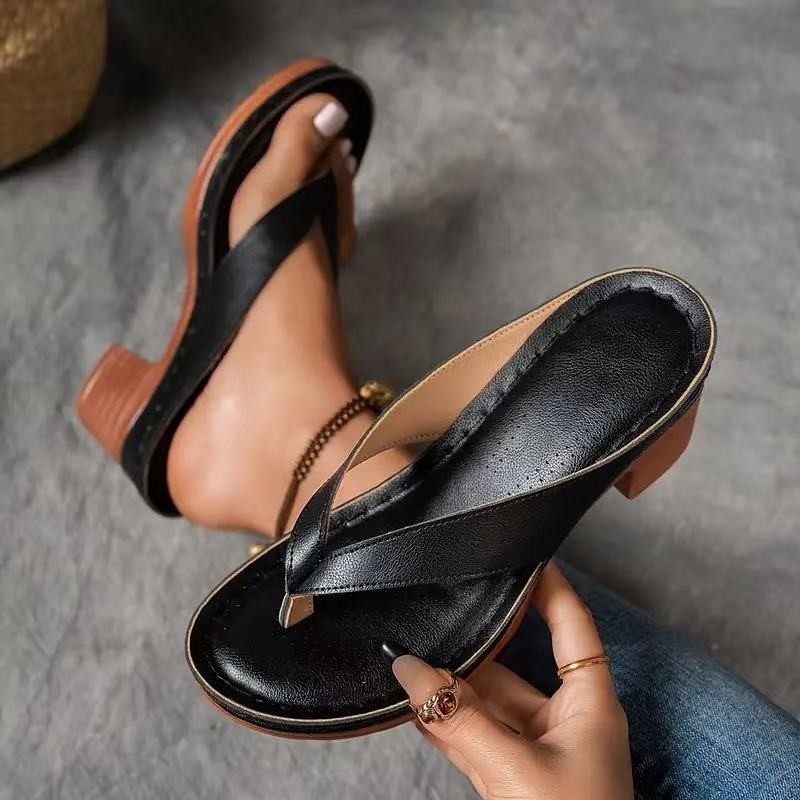 Fashionable Thong Summer Shoes Solid Color Square Heel Wedges Sandals for Women