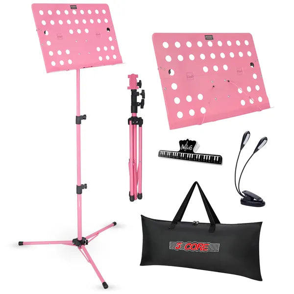 5 Core Music Stand For Sheet Music Height Adjustable Portable Folding Sheet Music Stand With Light Clip For Guitar Players Violinists Cellists Pianists - MUS FLD HD ACC PNK