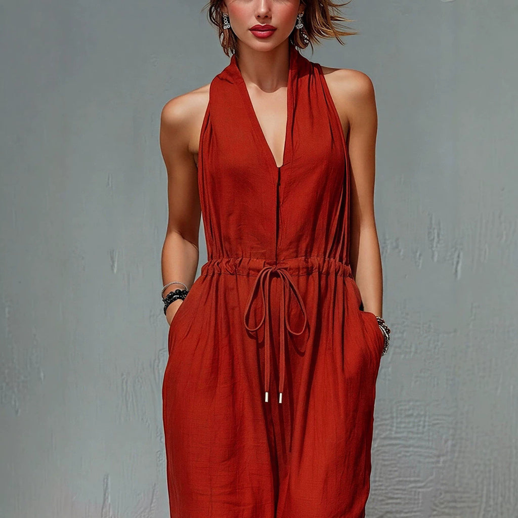 Women's Sleeveless Solid Color Long Vacation Jumpsuit