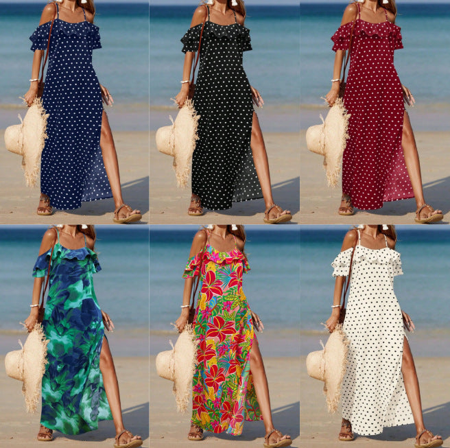 Robe d'été à pois style français, épaules dénudées, pour femmes
