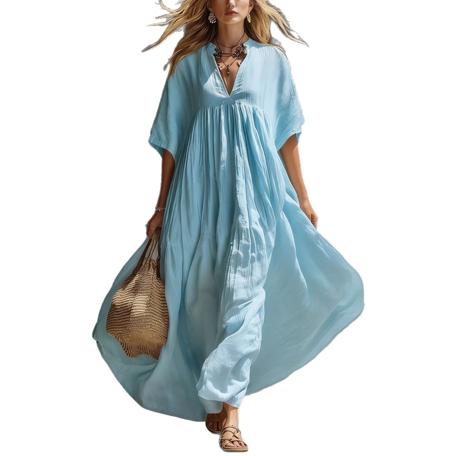 Loose V-neck solid color long summer dress, perfect for beach holidays