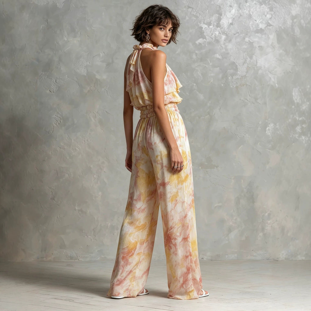 Summer set with printed deep-neck top and trousers
