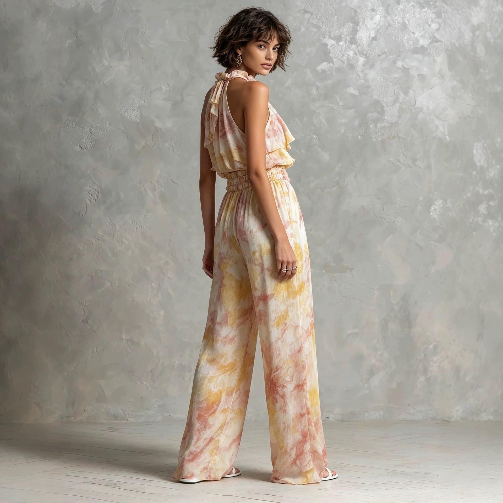 Summer set with printed deep-neck top and trousers