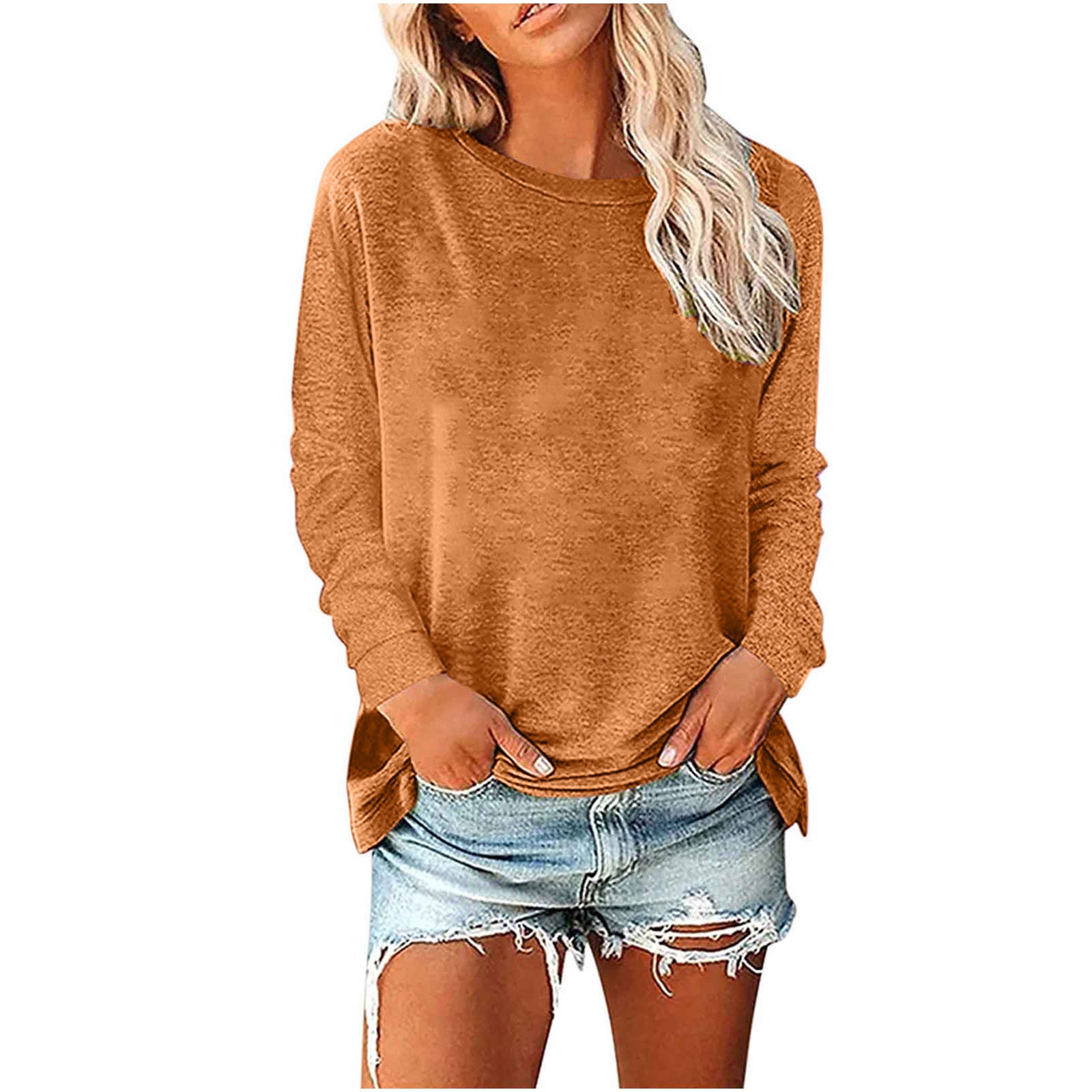 Women's Solid-Color Long-Sleeve Crew-Neck Pullover T-Shirt