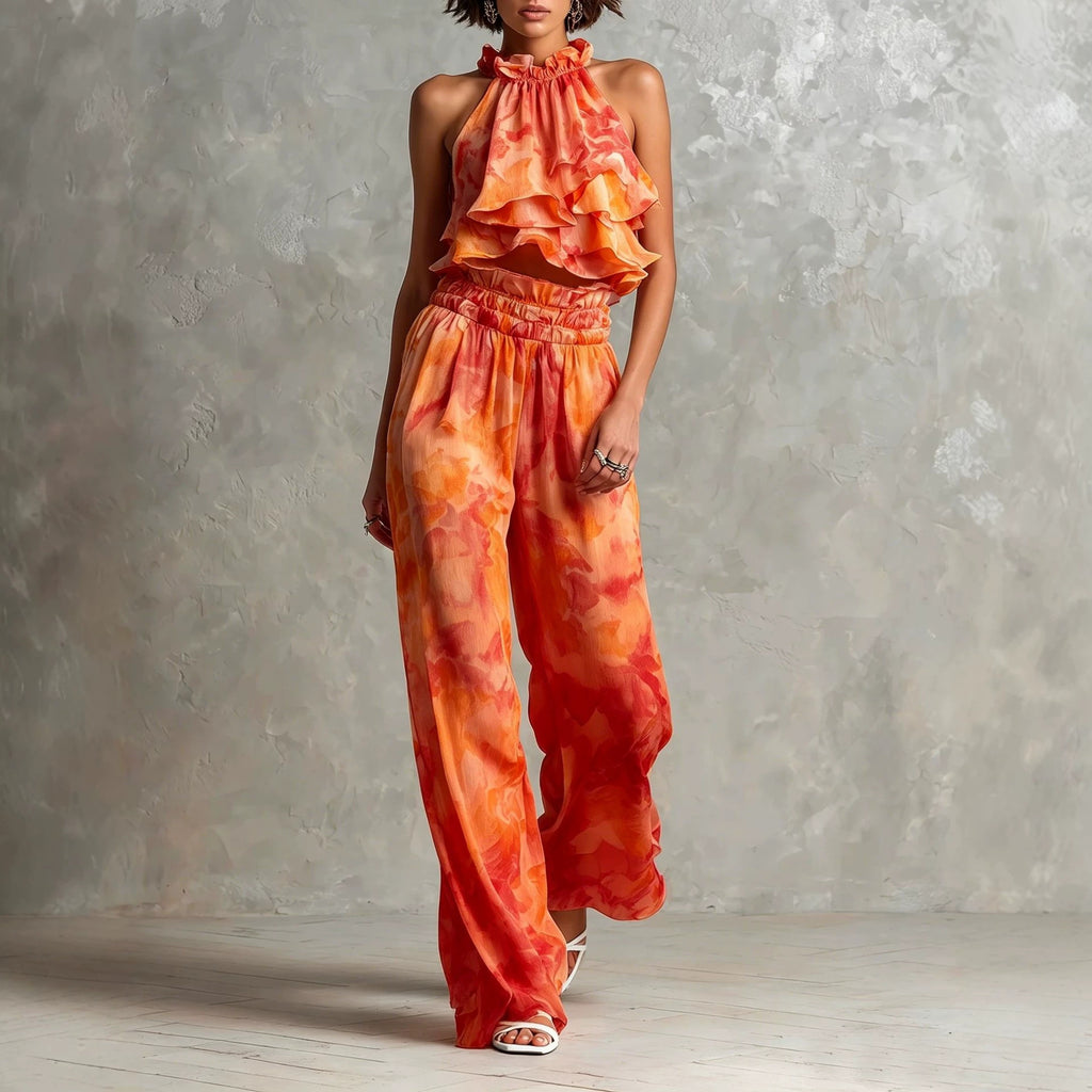 Summer set with printed deep-neck top and trousers
