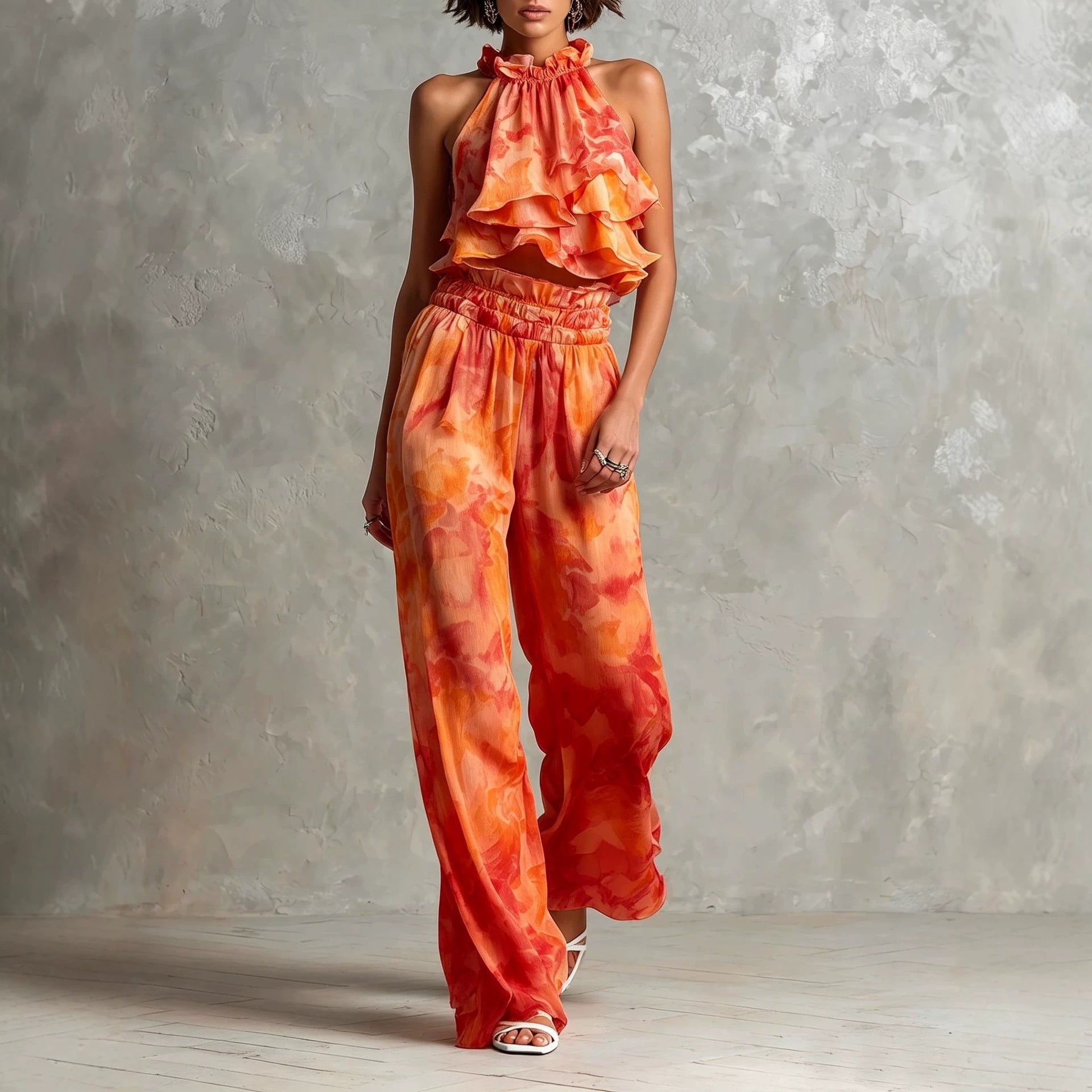 Summer set with printed deep-neck top and trousers
