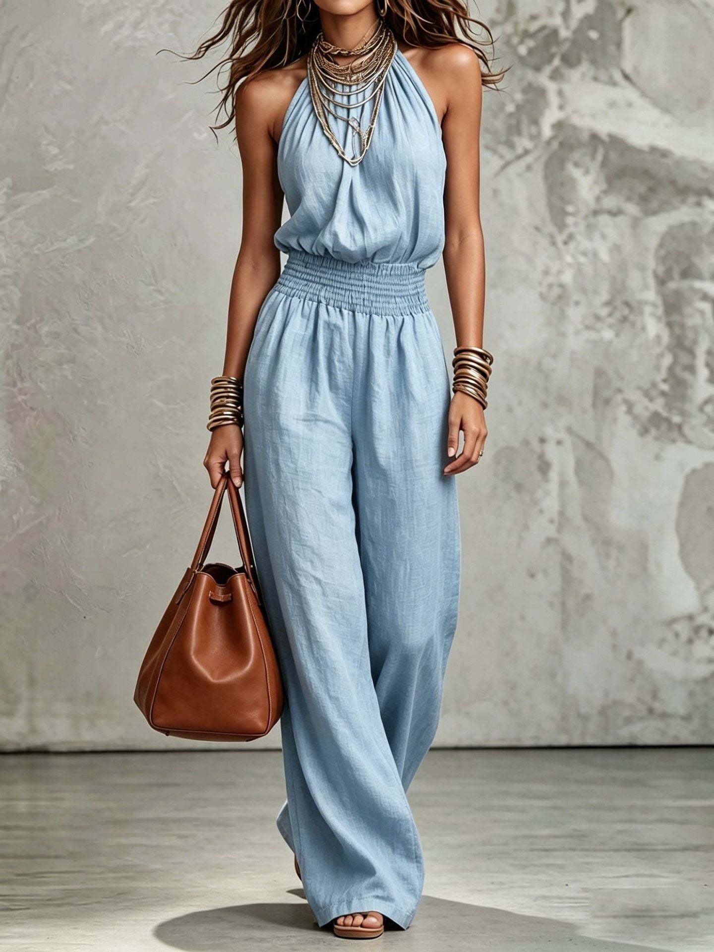 Women's sleeveless, backless, cinched-waist, lace-up, wide-leg jumpsuit