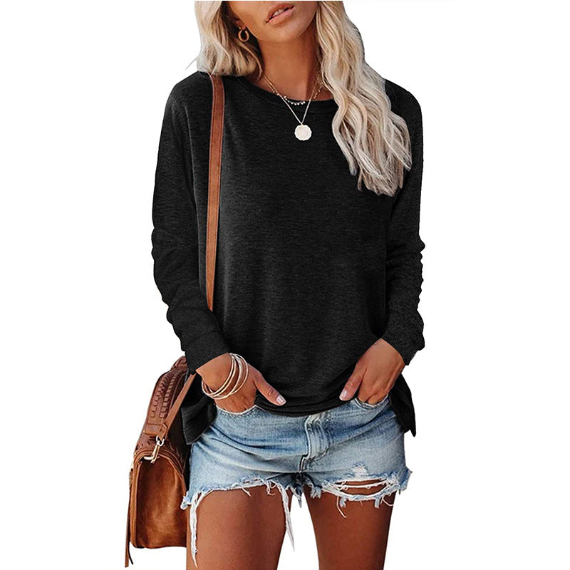 Women's Solid-Color Long-Sleeve Crew-Neck Pullover T-Shirt