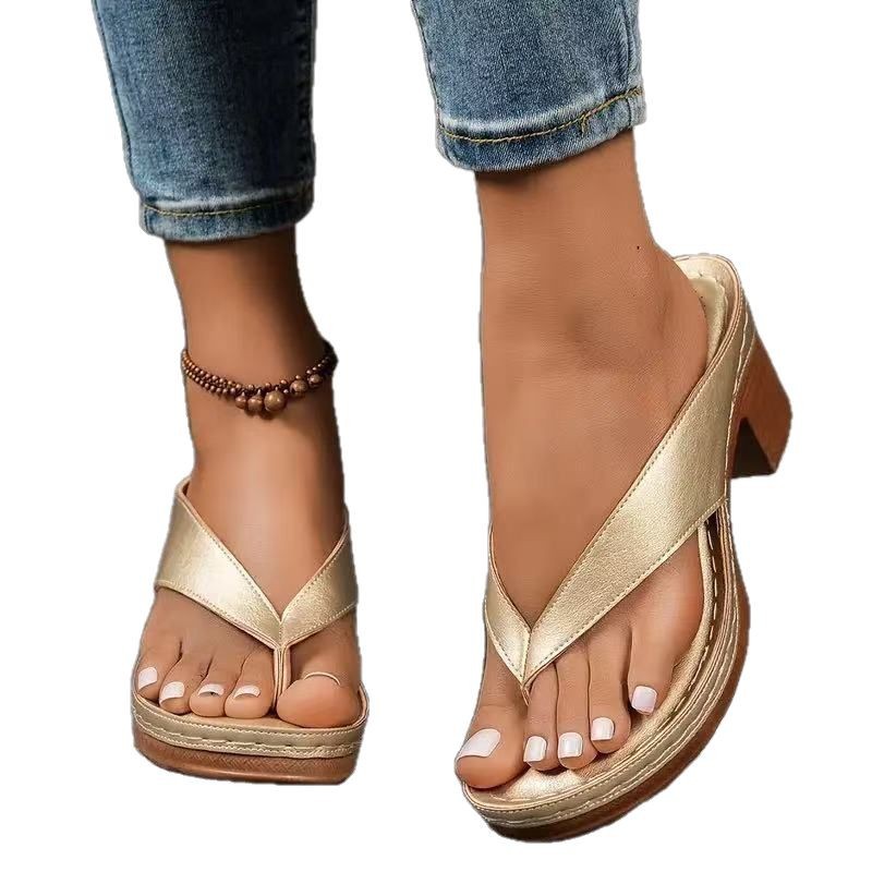 Fashionable Thong Summer Shoes Solid Color Square Heel Wedges Sandals for Women