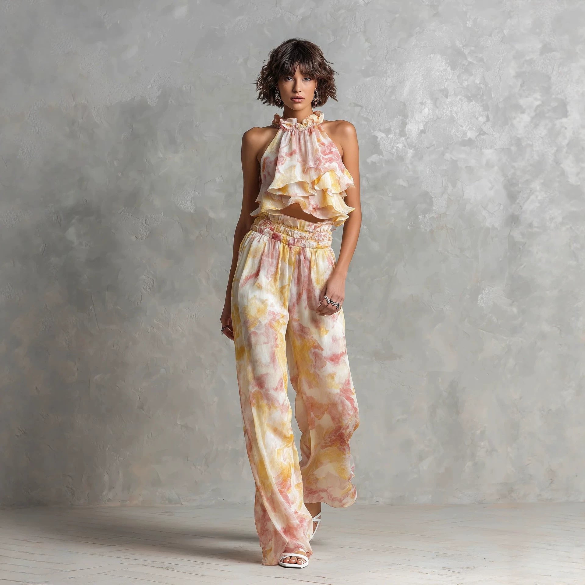 Summer set with printed deep-neck top and trousers