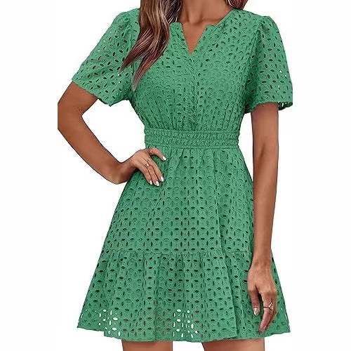 Womens Hollow-out Lace Short-sleeve Dress