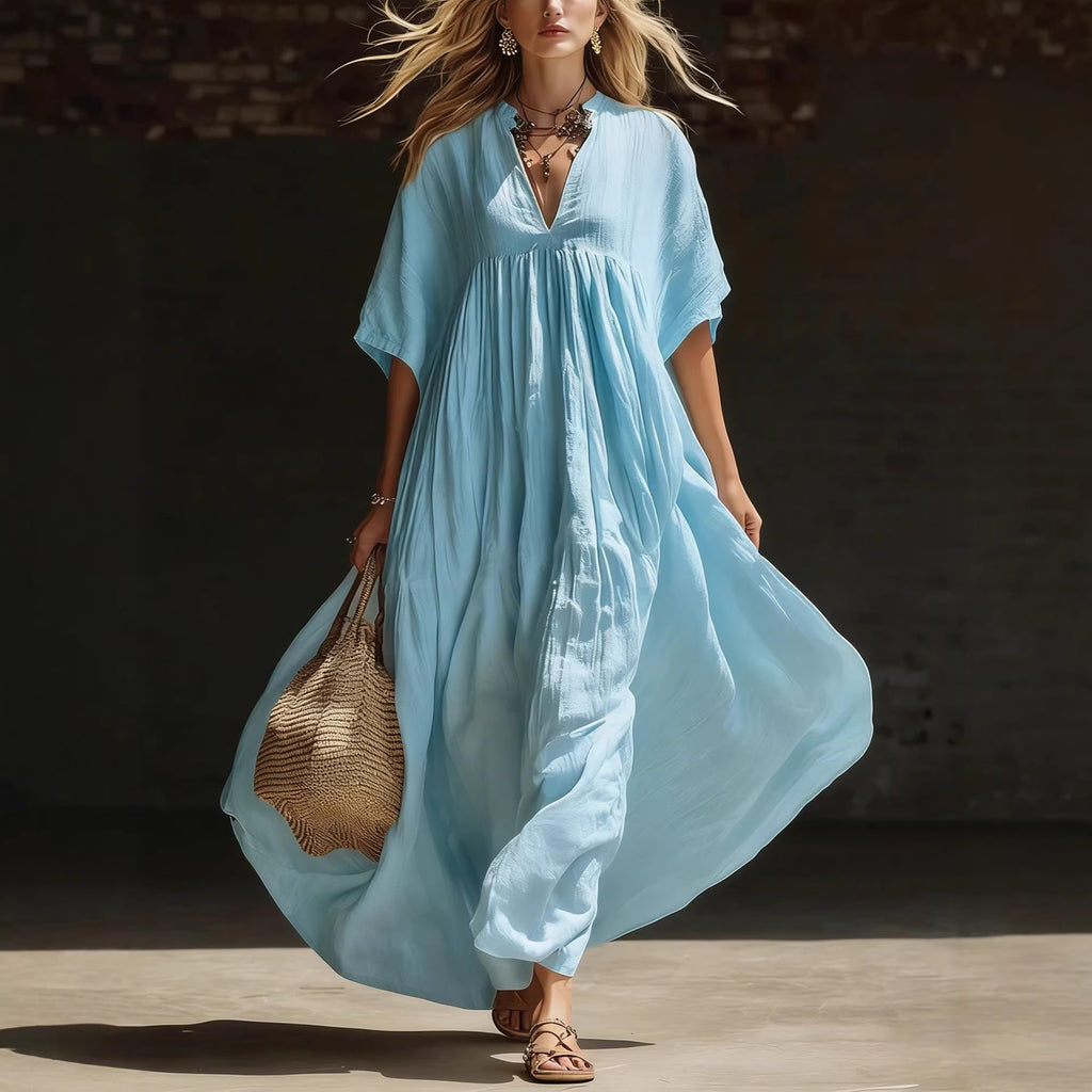 Loose V-neck solid color long summer dress, perfect for beach holidays
