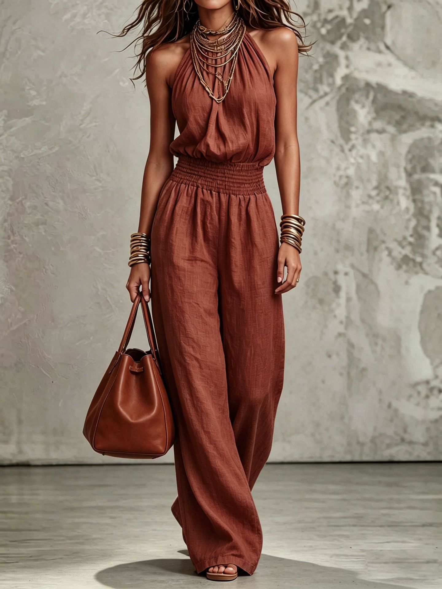 Women's sleeveless, backless, cinched-waist, lace-up, wide-leg jumpsuit