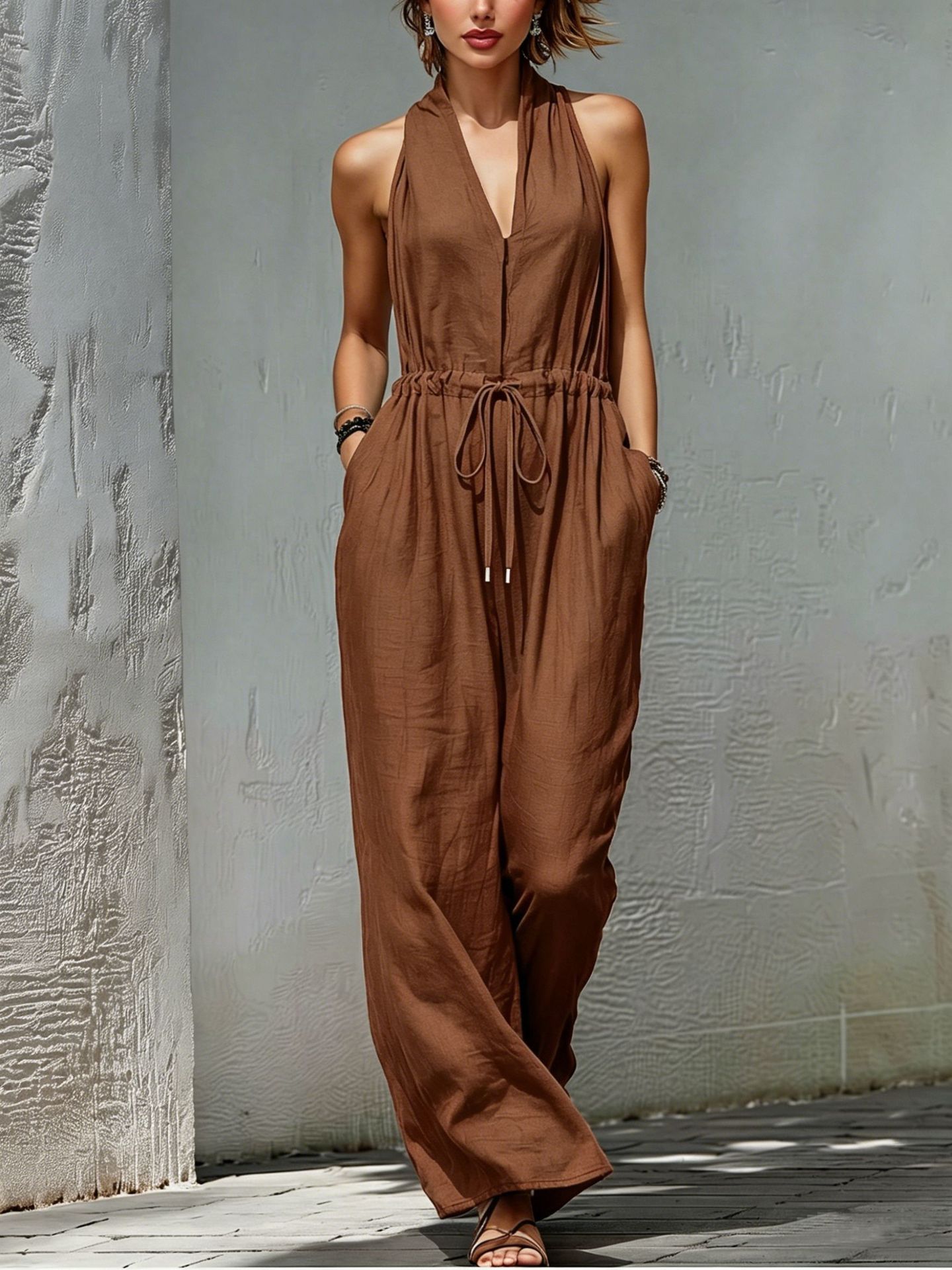 Women's Sleeveless Solid Color Long Vacation Jumpsuit