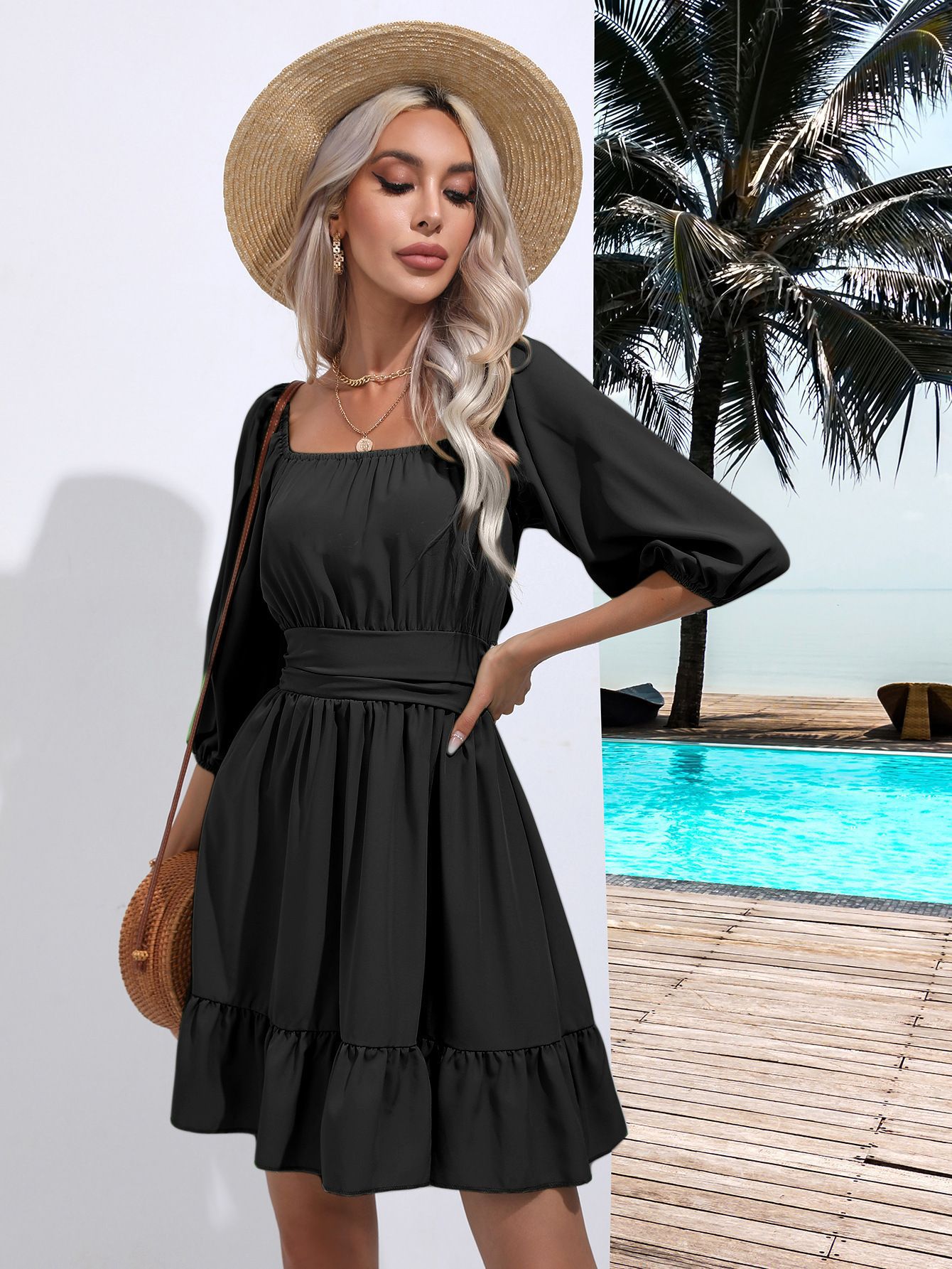 Robe à lacets et col carré orné de volants pour femme