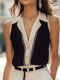 Elegant Sleeveless V-Neck Colorblock Commuter Shirt
