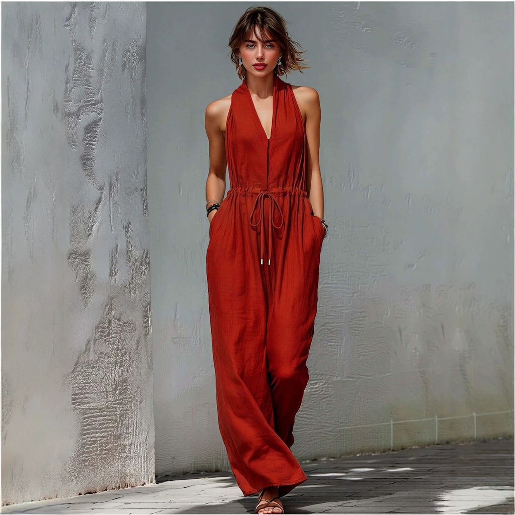 Women's Sleeveless Solid Color Long Vacation Jumpsuit
