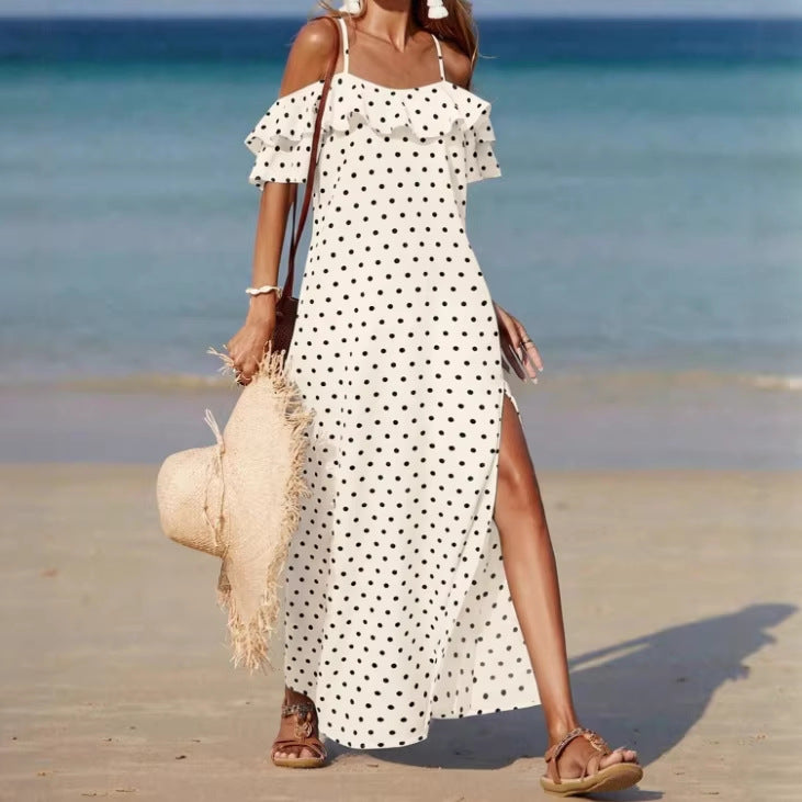 Robe d'été à pois style français, épaules dénudées, pour femmes