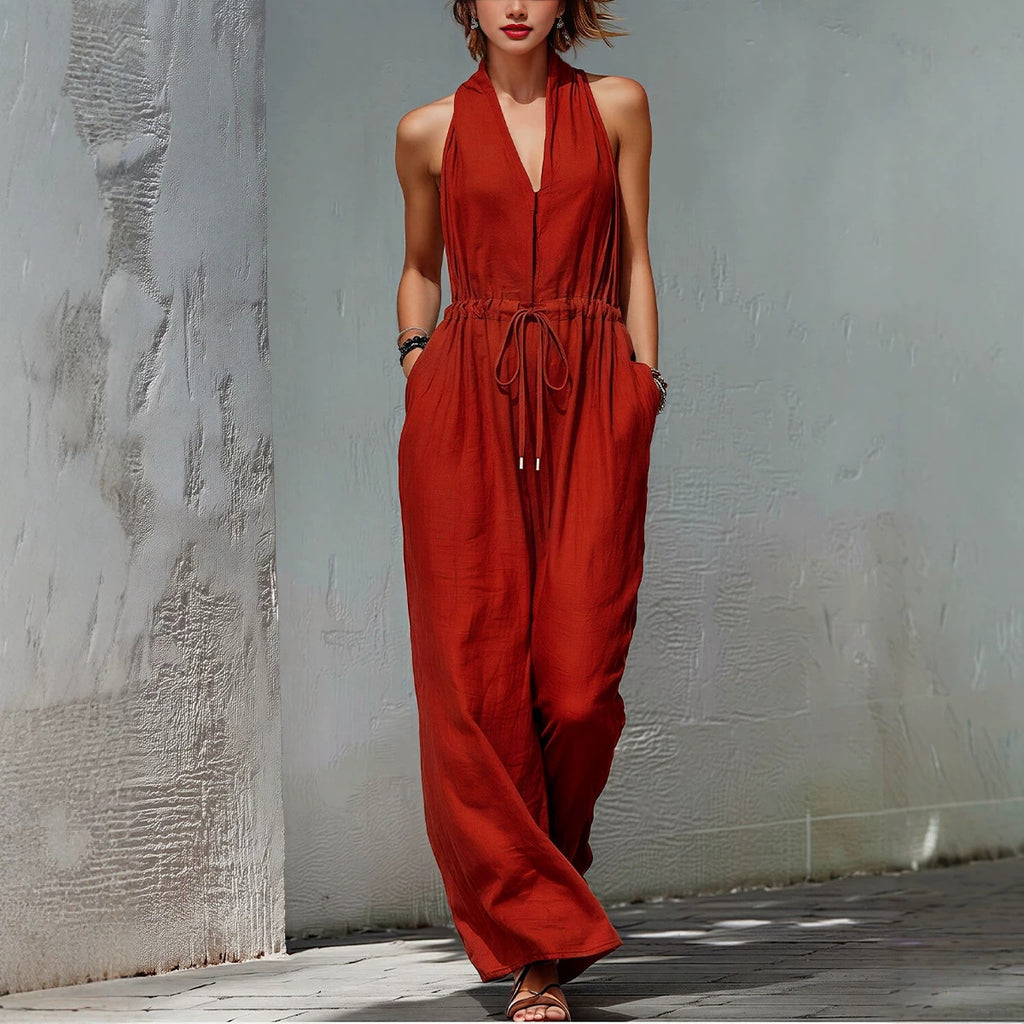 Women's Sleeveless Solid Color Long Vacation Jumpsuit