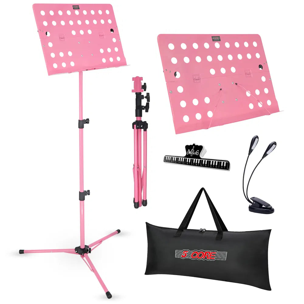 5 Core Music Stand For Sheet Music Height Adjustable Portable Folding Sheet Music Stand With Light Clip For Guitar Players Violinists Cellists Pianists - MUS FLD HD ACC PNK